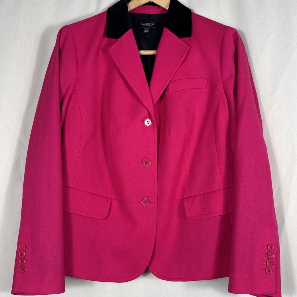 Talbots Woman Petites 16WP Pink Wool Peplum Blazer Black Collar Heritage Preppy